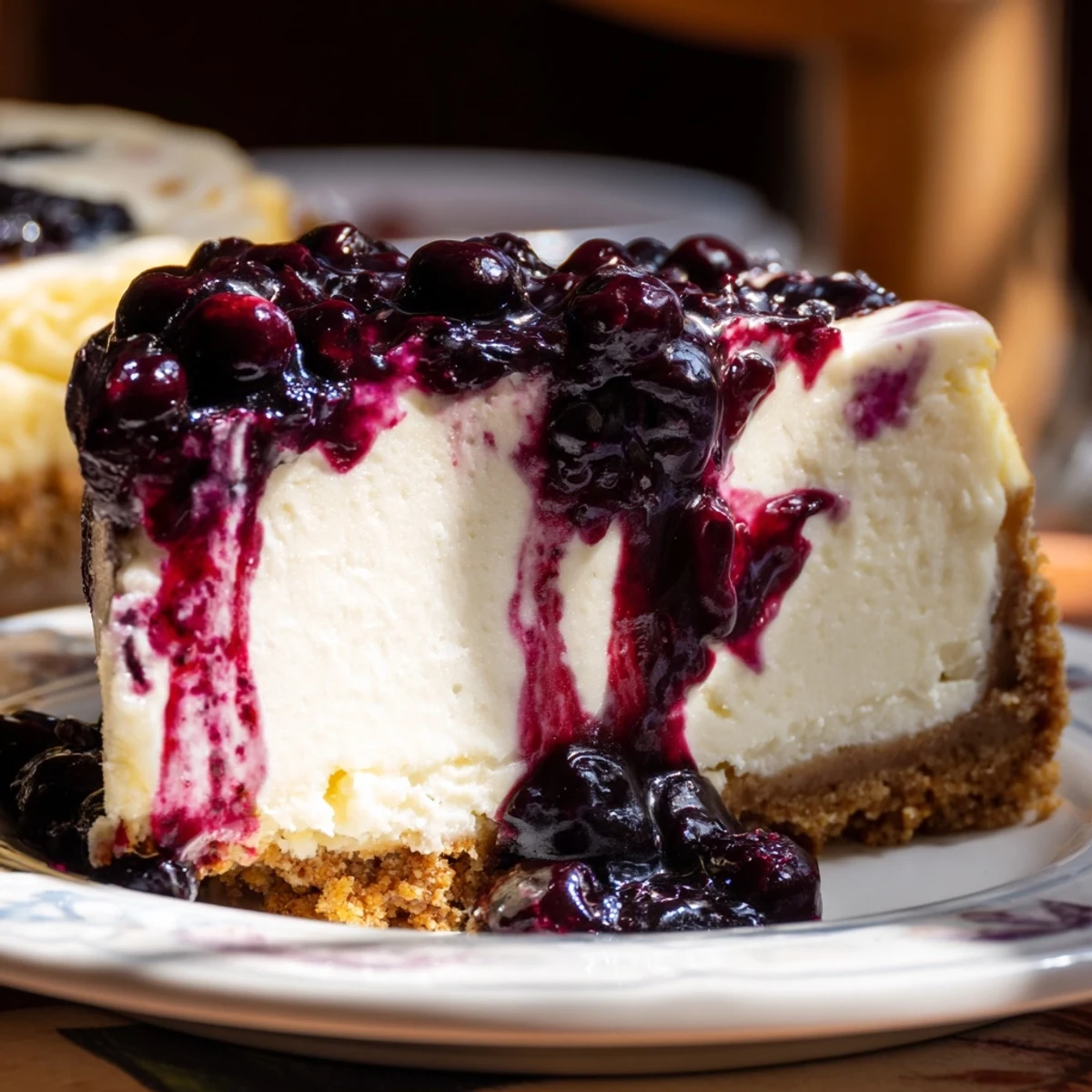 Rich blueberry cheesecake recipe with swirls of tangy sauce over a buttery golden crust.