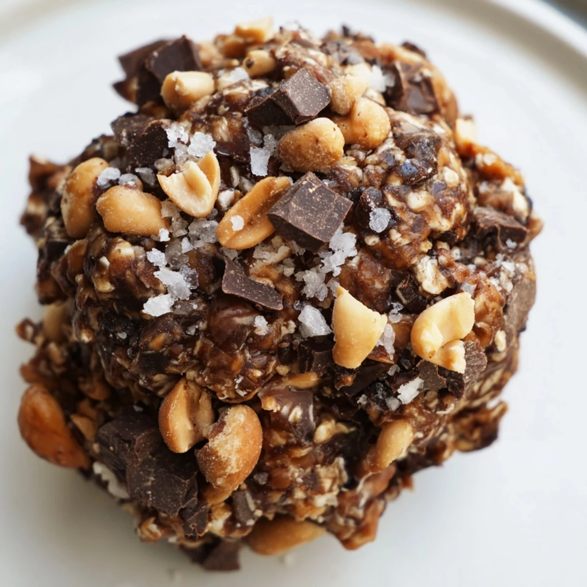 Bite-sized Snickers energy balls rolled with peanuts and chocolate chips on a plate  