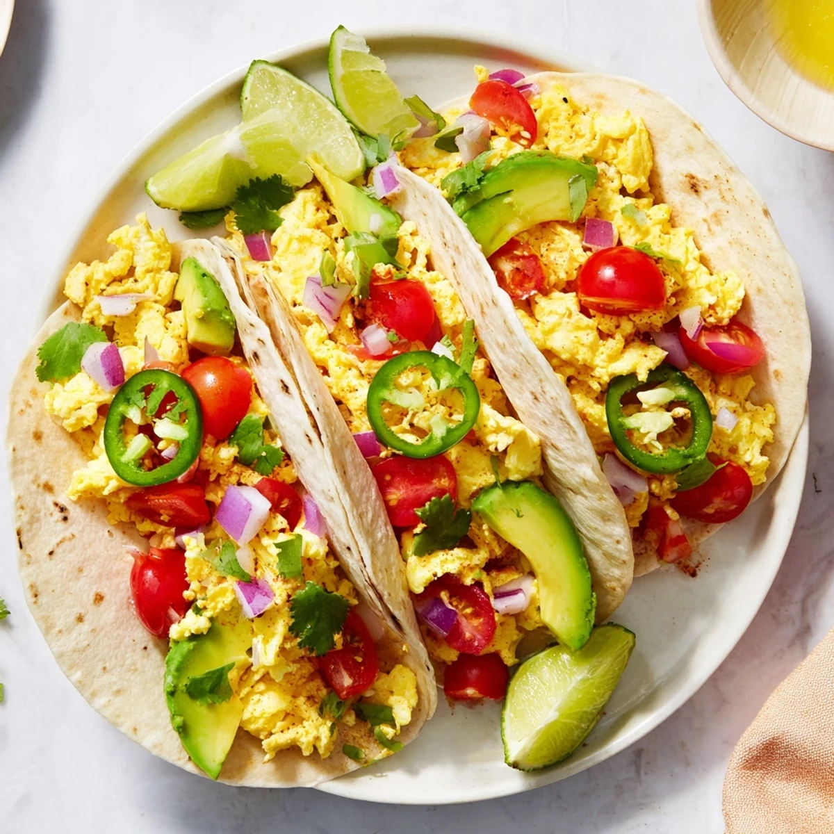 Warm tortillas wrapped around scrambled eggs and crisp veggies for breakfast.  