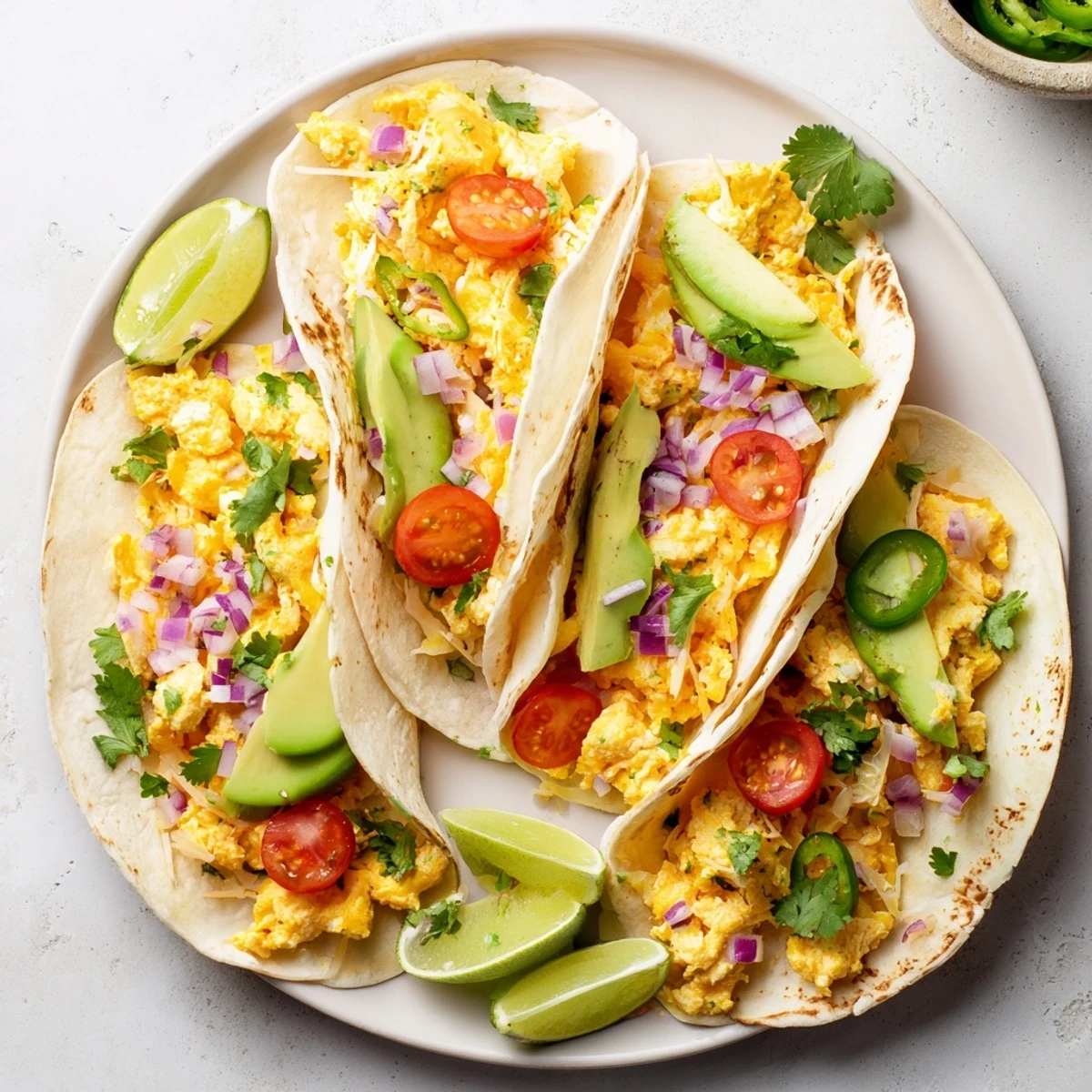 Fluffy breakfast tacos loaded with eggs, avocado, cheese, and fresh salsa.  