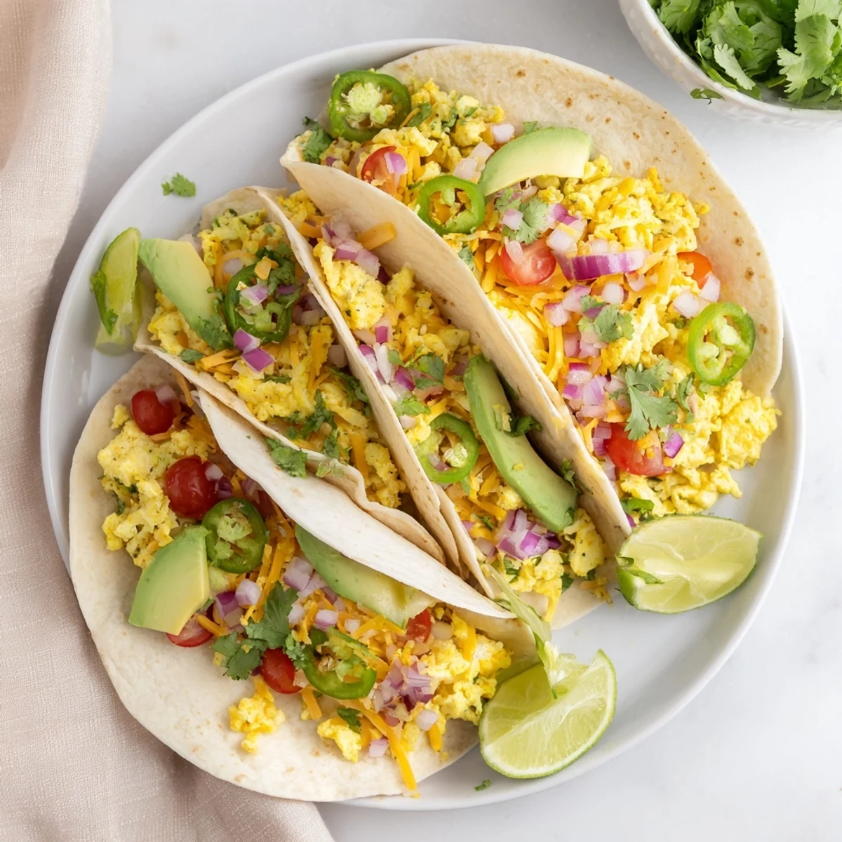 Vibrant breakfast tacos featuring soft tortillas topped with cheddar and cilantro.