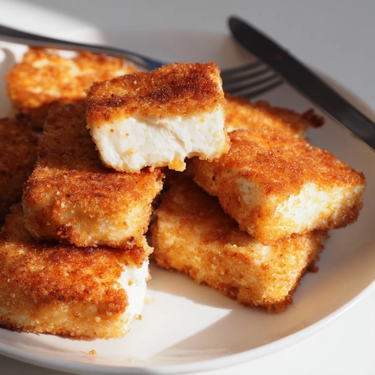 Golden crispy tofu fried chicken served with dipping sauce for a crunchy vegan bite  