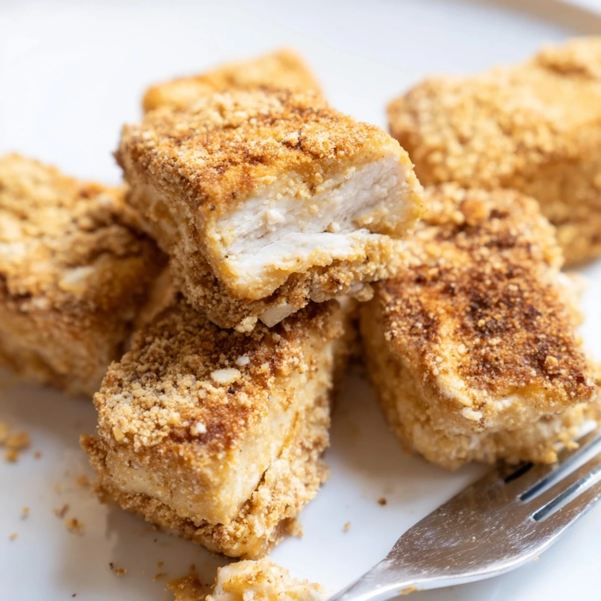 Hearty plate of tofu fried chicken featuring a tender center and golden brown crust  