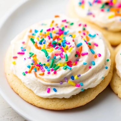 A close-up of Walmart-Style Sugar Cookies with Buttercream Frosting shows fluffy white icing swirled on top, with colorful sprinkles scattered across the dessert.