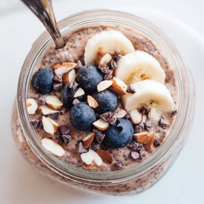 Stirred Ultimate Healthy Chocolate Overnight Oats show a thick, chocolatey texture with chia seeds and mini dark chocolate chips in a glass jar.