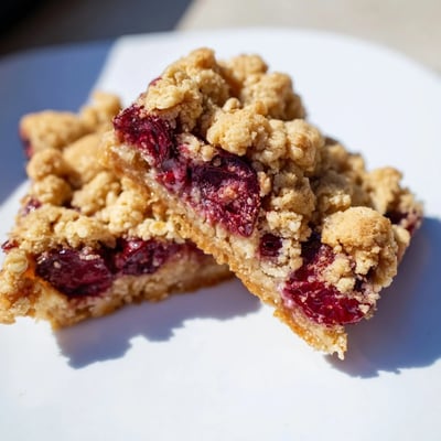 Close-up of Cherry Crumble Bars showing buttery crumb layers and vibrant red cherry filling in a square pan.