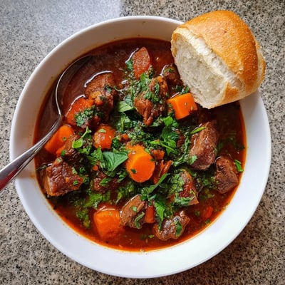 A close-up of Bo Kho shows marinated beef and carrots in a rich Vietnamese stew garnished with cilantro.  