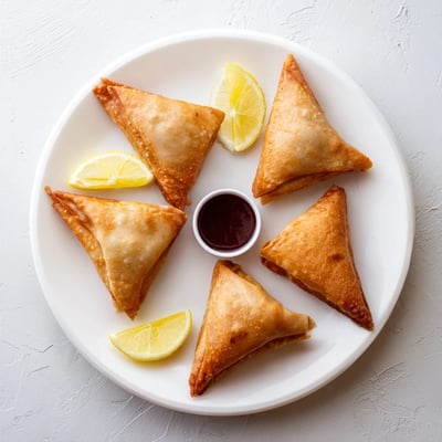 A hand holds a freshly fried Spiced Meat Sambusas, steam rising from the spiced beef filling.