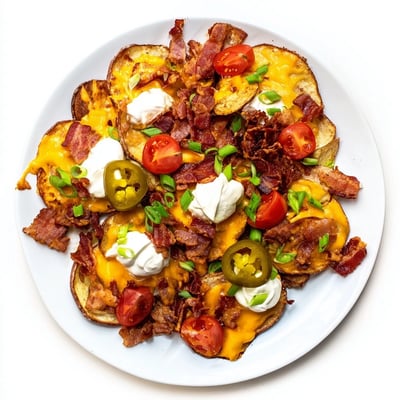 Irish Nachos served hot with sour cream and green onions on a rustic platter for sharing.