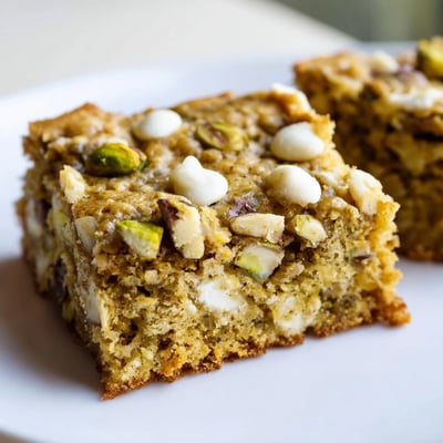 A close-up of a freshly cut Pistachio Blondie, revealing a moist crumb studded with chopped nuts and white chocolate chips.