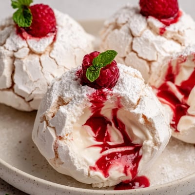 Pavlova Bombs With Raspberry Coulis
