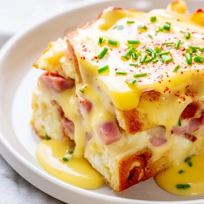 Warm Eggs Benedict casserole sliced into squares showing layers of Canadian bacon and muffins