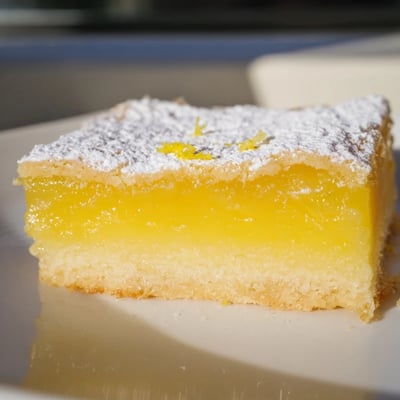 Bright tangy simple lemon bars sliced and dusted with sweet powdered sugar
