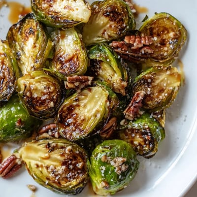 Honey balsamic Brussels sprouts glistening with sweet glaze and topped with toasted pecans