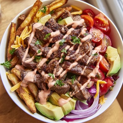 Tender seared steak strips piled over golden fries with avocado and melted cheddar