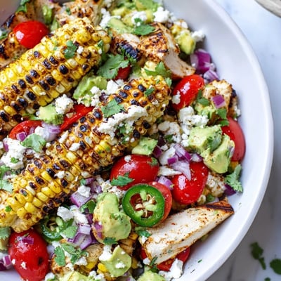 High Protein Chicken Street Corn Salad topped with crumbled cotija cheese and fresh avocado