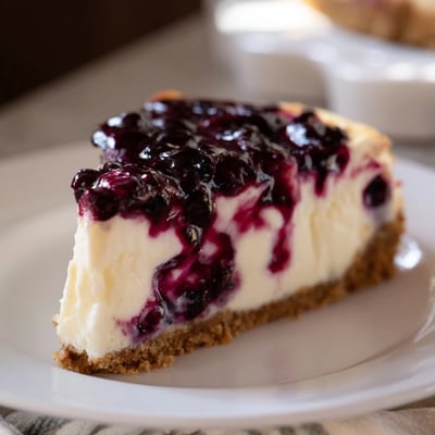 Sliced blueberry cheesecake recipe showcasing smooth filling and vibrant fruit topping on a plate.  
